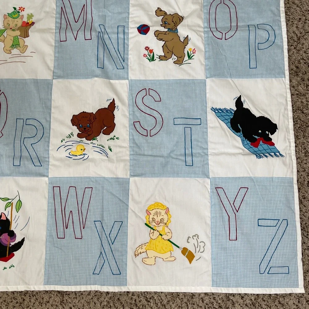 Vintage ABC Alphabet Animals Baby Quilt Blue White Gingham Puppy Kitten Retro‎